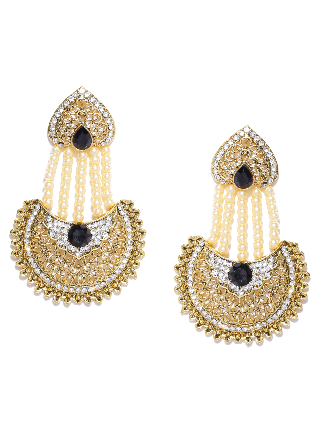 YouBella Off-White Gold-Plated Stone-Studded Beaded Chandbalis